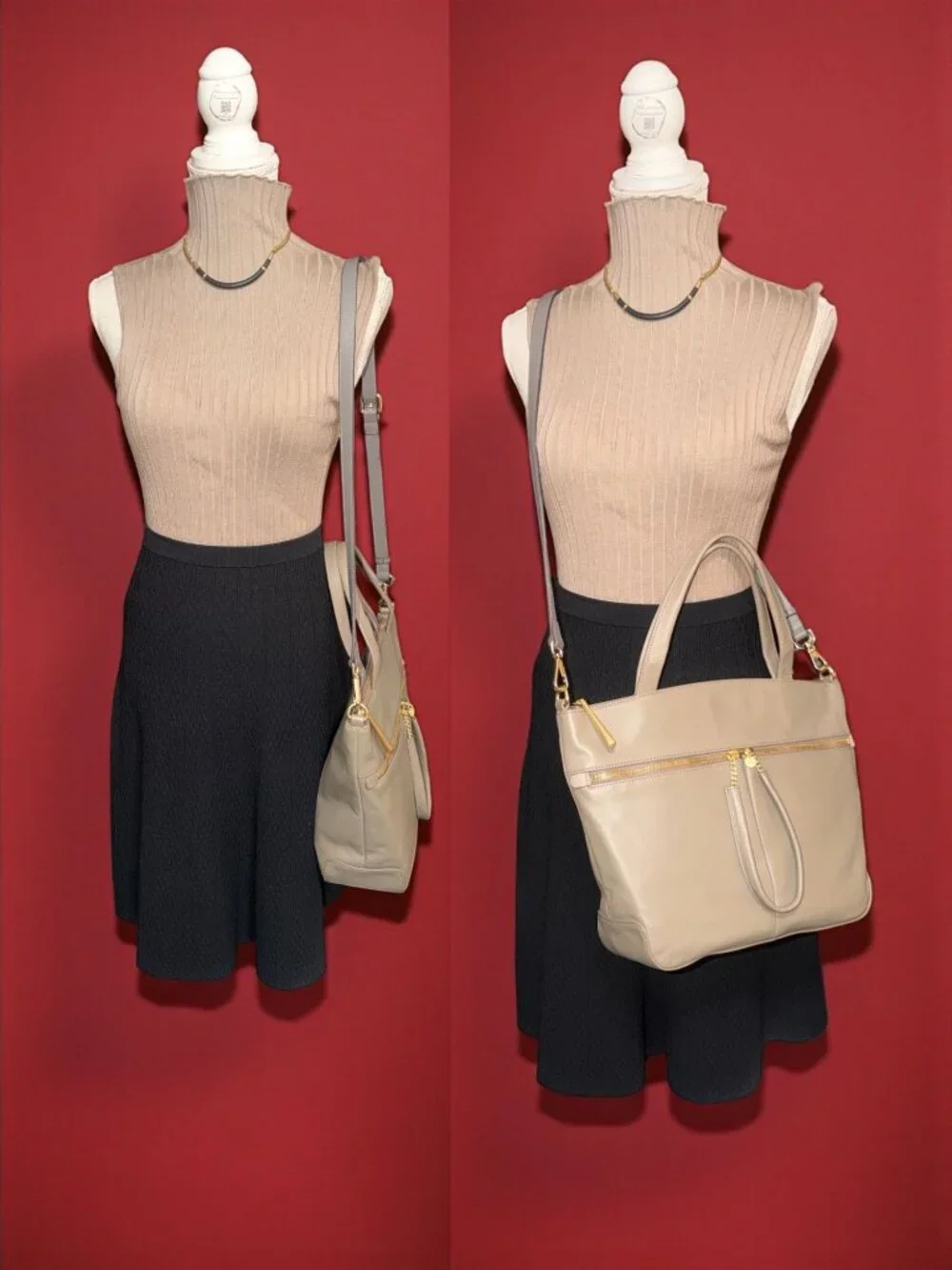 HOBO Double Zip Satchel Taupe Matte Leather Brass Shoulder Bag Detachable Strap